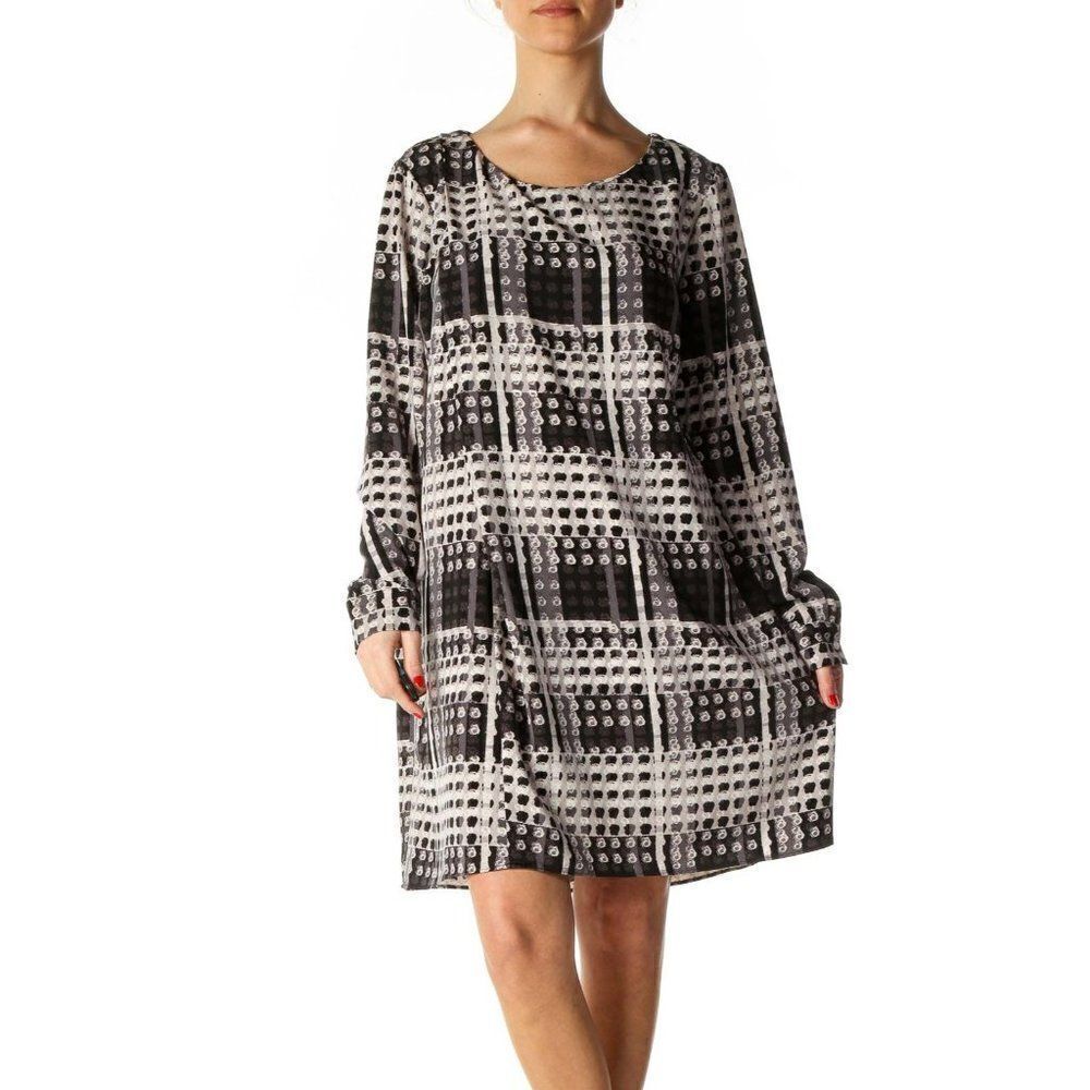 THAKOON for Design Nation Geometric Print Long Sleeve Shift Dress Gray Black